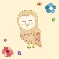 vector illustration of little cute smiling owl with cute flowers. Great for nursery decoration or card for children