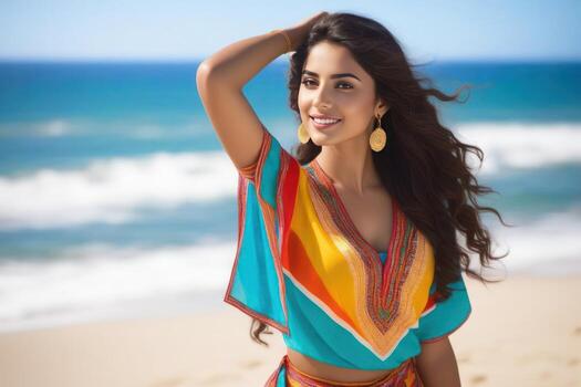 ai generado hermosa joven sonriente Español morena mujeren nacional ropa, mar y azul cielo en el antecedentes. generativo ai foto