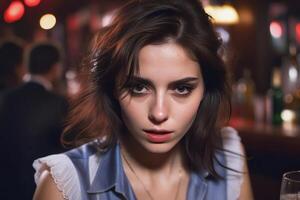 AI Generated Pretty drunk girl at the bar. Concept of alcoholism. Generative AI photo