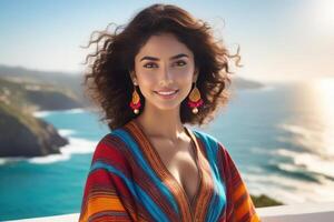 AI Generated Beautiful young smiling spanish brunette womanin national clothes, sea and blue sky on the background. Generative AI photo