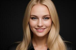 AI Generated Portrait beautiful blonde model woman with white teeth smile, healthy long hair and beauty skin on black background. Concept of advertising dentist and facial care. Generative AI photo