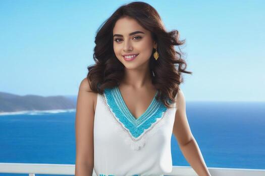 ai generado hermosa joven sonriente Español morena mujer, mar y azul cielo en el antecedentes. generativo ai foto