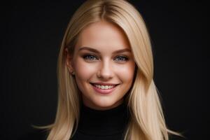 AI Generated Portrait beautiful blonde model woman with white teeth smile, healthy long hair and beauty skin on black background. Concept of advertising dentist and facial care. Generative AI photo