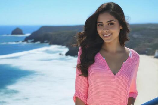 ai generado hermosa joven sonriente Español morena mujer, mar y azul cielo en el antecedentes. generativo ai foto