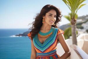 ai generado hermosa joven sonriente Español morena mujeren nacional ropa, mar y azul cielo en el antecedentes. generativo ai foto