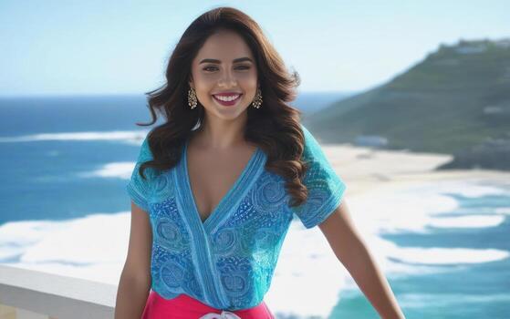 ai generado hermosa joven sonriente Español morena mujer, mar y azul cielo en el antecedentes. generativo ai foto