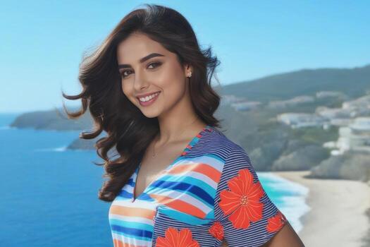 ai generado hermosa joven sonriente Español morena mujeren nacional ropa, mar y azul cielo en el antecedentes. generativo ai foto