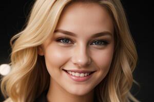 AI Generated Portrait beautiful blonde model woman with white teeth smile, healthy long hair and beauty skin on black background. Concept of advertising dentist and facial care. Generative AI photo