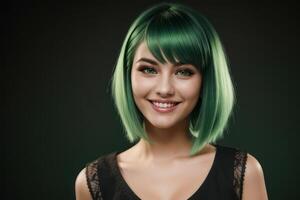 AI Generated Portrait beautiful green hair and eyes model woman with white teeth smile, healthy long hair and beauty skin on dark background. Concept of advertising dentist and facial care. Generative photo