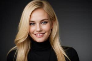 AI Generated Portrait beautiful blonde model woman with white teeth smile, healthy long hair and beauty skin on black background. Concept of advertising dentist and facial care. Generative AI photo