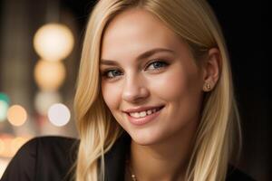 AI Generated Portrait beautiful blonde model young woman with white teeth smile, healthy long hair and beauty skin. Concept of advertising dentist and facial care. Generative AI photo