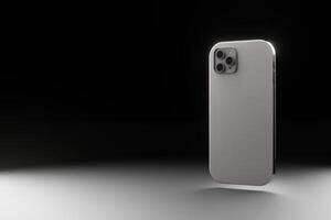 3D phone on black background, mockup, empty space for text, copy. Design, rendering of smartphone. Back side, cover, three cameras. photo