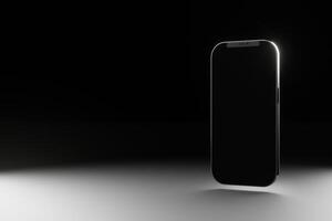 3d teléfono en negro fondo, Bosquejo, vacío espacio para texto, Copiar. diseño, representación de teléfono inteligente foto