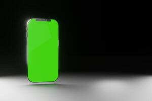 3D phone on black background, mockup, empty space for text, copy. Green screen for individual design, rendering of smartphone photo