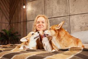 woman looks into camera, dogs lie nearby, family portrait, love and care for pets. Skiing. photo