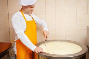 hombre hace queso, hierve Leche en cisterna, calefacción, temperatura. Leche plegable proceso, hogar producción, negocio, individual emprendedor. delantal. foto