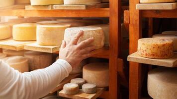 male, man cheese maker businessman, individual entrepreneur, checks cheese in cellar, basement. cheese head ripens on wooden shelves, process of producing homemade. Touches. photo