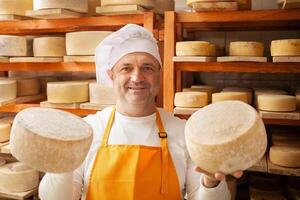 man cheese maker businessman holding cheese in two hands, individual entrepreneur, basement. Smiling. photo