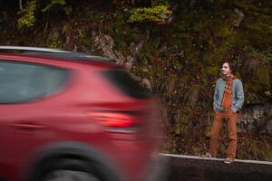 lonely man on road, concept of loneliness, depression, thoughtfulness. Autumn, mountains, beautiful background. Abstraction path to oneself, feeling of soul, Abandoned photo