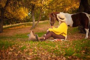 Beautiful picture, autumn nature, woman and horse, concept of love, friendship and care. background. without face. photo