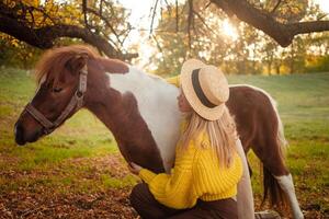 Beautiful portrait, woman and pony, spotted horse, in autumn forest, pleasant colors, background. concept of love, tenderness, friendship. Arms. photo