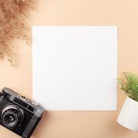 Mocup on a beige background. Beautiful plants, empty space for text. Advertising is a design post. flat lay Camera For the photographer photo