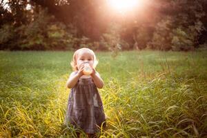 A child in the woods against a backdrop of trees and grass. A one-year-old girl is studying nature. Sunny sunset, a child in a gray dress. A girl drinks milk from a bottle of nipple. photo