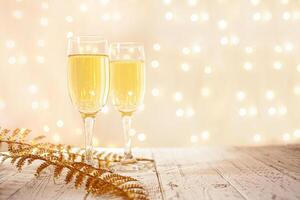 glasses of champagne on a wooden table. The background with a blurred golden garland, sideways. Christmas decorations, background for postcards and congratulations on the New Year. photo
