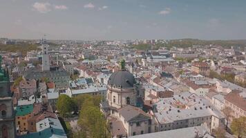 Aerial City Lviv, Ukraine. European City. Popular areas of the city. Dominican video