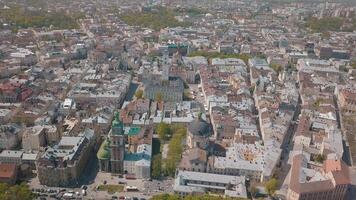 Lvov, Ukraine. Aerial City Lviv, Ukraine. Panorama of the old town. Dominican video