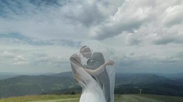 novio con novia teniendo divertido en un montaña sierras. Boda Pareja. contento familia video