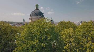 Aerial City Lviv, Ukraine. European City. Popular areas of the city. Dominican video