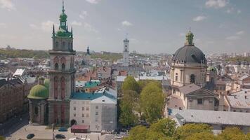Lvov, Ukraine. Aerial City Lviv, Ukraine. Panorama of the old town. Dominican video