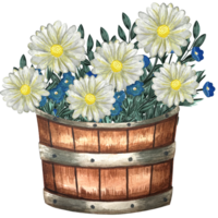 Watercolor easter wooden bucket with bow decorated eggs illustration. png