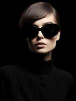 ai generado retrato de un hermosa mujer vistiendo gafas de sol en un oscuro antecedentes foto