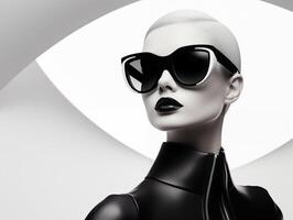ai generado retrato de mujer con lentes y negro lápiz labial en futurista popular estilo foto