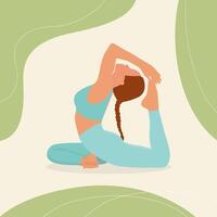 International yoga day. Yoga king pigeon pose young woman poster. vector