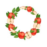 vattenfärg illustration. en krans av röd äpplen, äpple halvor och äpple skivor med frön och grön löv. lämplig för utskrift på tyg och papper, för menyer, kök och dekoration png