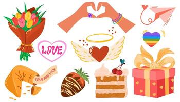 romántico elementos para San Valentín día. ramo de flores de tulipanes, fortuna galletas, regalo, chupete, llave, fresas en chocolate. vector ilustraciones