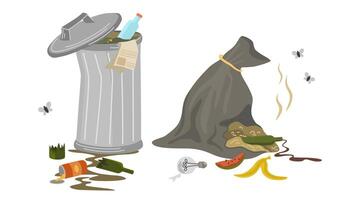 Unsorted garbage in trash containers. Waste bin, garbage bag with waste, food, lamp and flies. Environmental disaster, garbage sorting. Vector trash can illustration of waste garbage