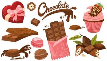 Chocolate Set. Box of sweets, macaroni, pancake with strawberries in chocolate, cocoa beans and chocolate bar. World Chocolate Day. Vector flat illustration for printing, menus, packages and products