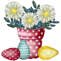 Watercolor pot with cute flowers easter eggs and bow. Hand-drawn watercolor illustration of Easter. png