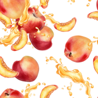 Watercolor seamless pattern with peaches and juice splash. Whole ripe and half fruits. Apricot hand drawn. Design element for package, textile, wrapping paper, fabric. png