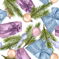 jul sömlös mönster med jul boll och gran digital illustration. Semester gåva lådor, dekoration hand ritade. element för ny år design omslag, textil, bakgrund. png