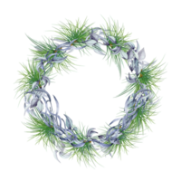 Frame of pine tree branches and blue leaves digital illustration. Fir branches in the form of a circular frame. Wreath of spruce. Element for design Christmas invitation, wedding. png