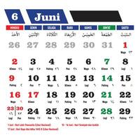 Vector design of 2024 Hijri Calendar Template for June with Indonesian National Holidays complete with Hijri, Javanese and Christian. Translation Calendar 2024 AD and Hijriyah 1445-1446.