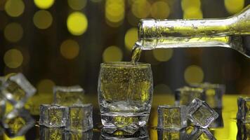 Barman pour frozen vodka from bottle into shot glass. Ice cubes against shiny gold party background video