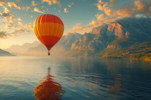 ai generado un caliente aire globo flotante terminado un lago, foto