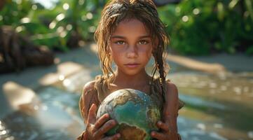 AI generated a young girl holding up a globe photo