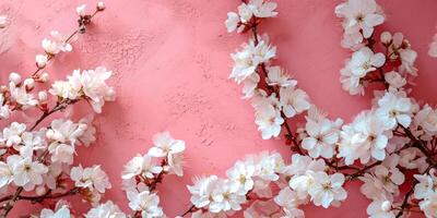 AI generated a pink background with white blossoms of cherries against a pink background photo